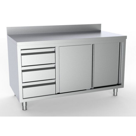 Stainless Steel Low Cabinet with Backsplash - 2 Doors and 3 Drawers on the Left - 1800x700 mm - CombiSteel