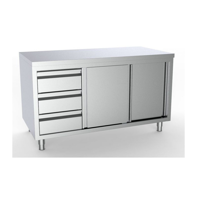 Stainless Steel Low Cabinet 2 Doors 3 Drawers - L 1600 x D 700 mm - CombiSteel