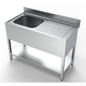 Plonge 1 Basin and Drainer on the Right in Stainless Steel AISI 304 - Dimensions 1200 x 600 mm