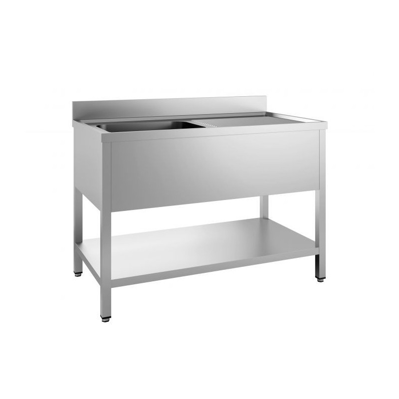 Spüle 1 Becken mit Abtropffläche rechts und Regal - Abmessungen L 1200 x T 600 mm - Edelstahl, Profiküche