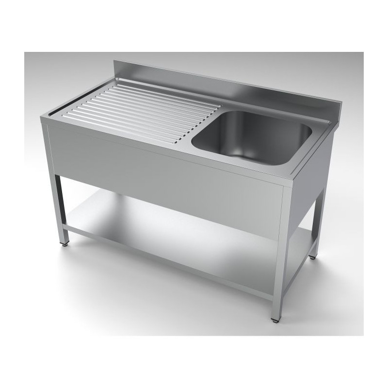 Sink 1 Basin and Drainer on the Left with Backsplash and Shelf in Stainless Steel AISI 304 - Dimensions 1400x700 mm