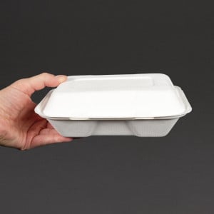 Meal Boxes in Bagasse with Hinged Lid - L 228mm - Pack of 200 - Vegware