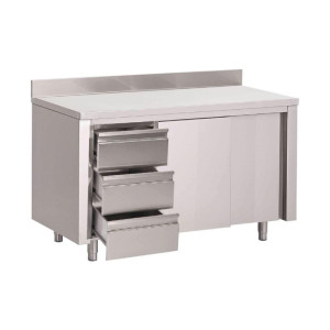 Tischschrank aus Edelstahl mit Aufkantung 3 Schubladen rechts und Schiebetüren - L 1200 x T 700mm - Gastro M