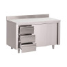 Tischschrank aus Edelstahl mit Aufkantung 3 Schubladen rechts und Schiebetüren - L 1200 x T 700mm - Gastro M