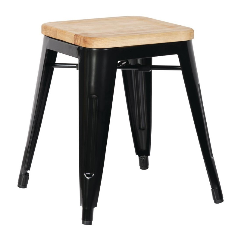 Tabourets Bistro Bas en Acier Noir avec Assise en Bois - Lot de 4 - Bolero