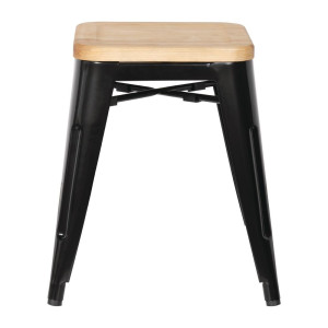 Black Steel Low Bistro Stools with Wooden Seat - Set of 4 - Bolero