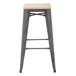 Tabouret Bistro Haut en Acier Gris avec Assise en Bois - Lot de 4 - Bolero