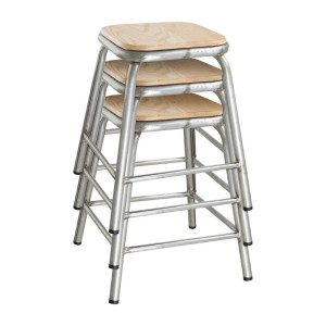 Low Galvanized Steel Stool with Wooden Seat Cantina - Set of 4 - Bolero