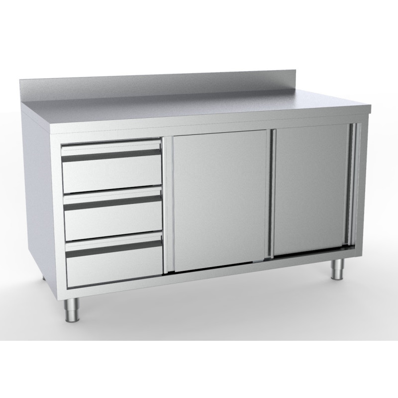 Stainless Steel Base Cabinet with Backsplash - 2 Doors and 3 Drawers on the Left - 1800x700 mm - CombiSteel