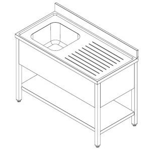 Plonge 1 Bac avec Egouttoir Droite et Étagère - Dimensions L 1200 x P 600 mm - Inox, Cuisine Professionnelle