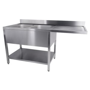 Tauchbecken 2 Becken und Durchgang für Geschirrspüler rechts mit Rückwand und abnehmbarem Regal - L 1600 x T 700 mm - CombiSteel