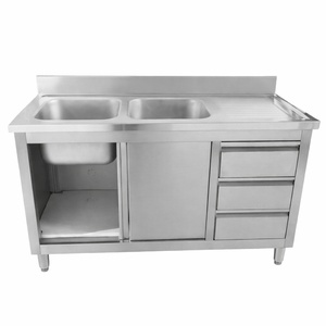 Spülmöbel mit 2 Becken, Rückwand und 3 Schubladen - 1400 x 600 mm - Becken links - Dynasteel