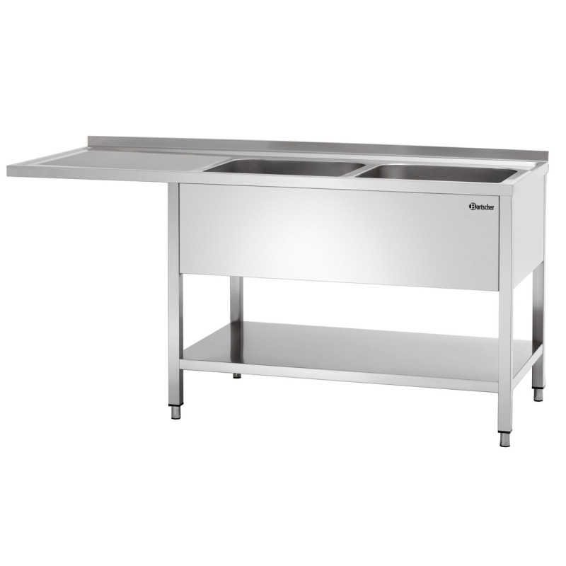 Spülbecken mit 2 Becken, Geschirrspülerdurchgang, Rückwand und unterem Regal - L 1800 x T 700 mm - Bartscher Spülbecken mit 2 Becken, Geschirrspülerdurchgang, Rückwand und unterem Regal - L 1800 x T 700 mm - Bartscher