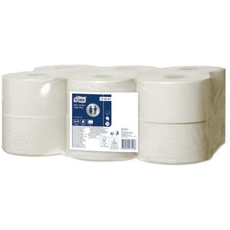 Mini jumbo advanced white toilet paper - Pack of 12 from Tork, economical and efficient.