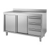 Tischschrank aus Edelstahl mit Aufkantung 3 Schubladen rechts und Schiebetüren - L 1200 x T 700mm - Gastro M