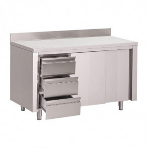 Tischschrank aus Edelstahl mit Aufkantung 3 Schubladen rechts und Schiebetüren - L 1200 x T 700mm - Gastro M
