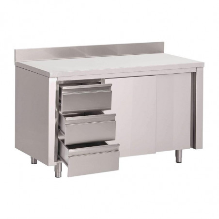 Stainless Steel Cabinet Table with Backsplash 3 Drawers on the Left and Sliding Doors - W 1200 x D 700mm - Gastro M