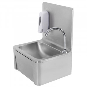 Stainless Steel Hand Wash with Knee Operated Control, Backsplash, and Soap