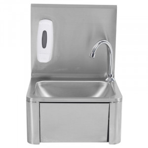 Stainless Steel Hand Wash with Knee Operated Control, Backsplash, and Soap