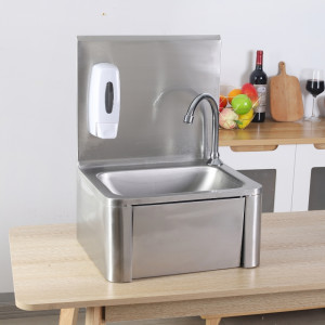 Edelstahl-Handwaschbecken mit Kniebedienung, Rückwand und Seife