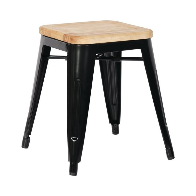 Tabourets Bistro Bas en Acier Noir avec Assise en Bois - Lot de 4 - Bolero