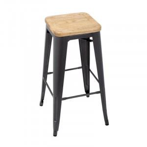 Hoher Bistrohocker aus grauem Stahl mit Holzsitz - 4er-Set - Bolero