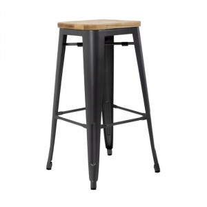 High Bistro Stool in Grey Steel with Wooden Seat - Set of 4 - Bolero