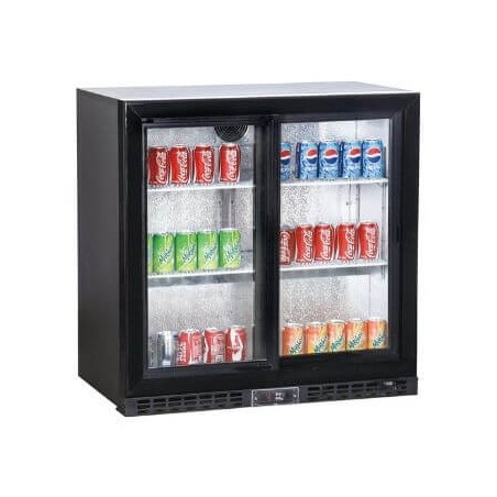 Compact refrigerated back bar with 2 glass doors for restaurant, bar, brewery.
