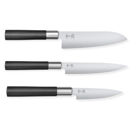 Set von 3 Wasabi Black Messern - Universalmesser und Santoku von KAI: Qualität, Leistung und Präzision in der Küche.