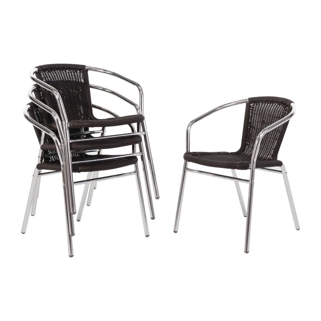 Stapelbare Rattan- und Aluminium-Armlehnstühle in Schwarz - Set mit 4 Stück