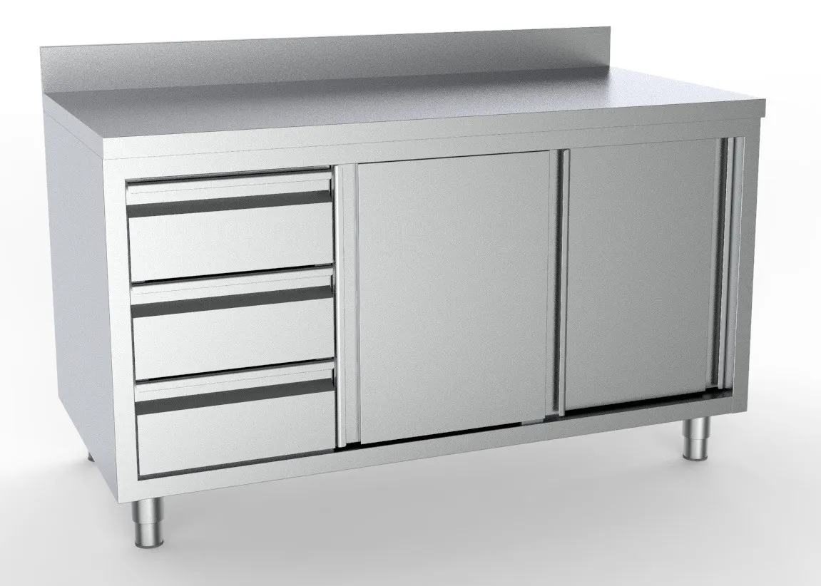 Edelstahl-Unterschrank mit Aufkantung - 2 Türen und 3 Schubladen links - L 1800 x T 700 mm