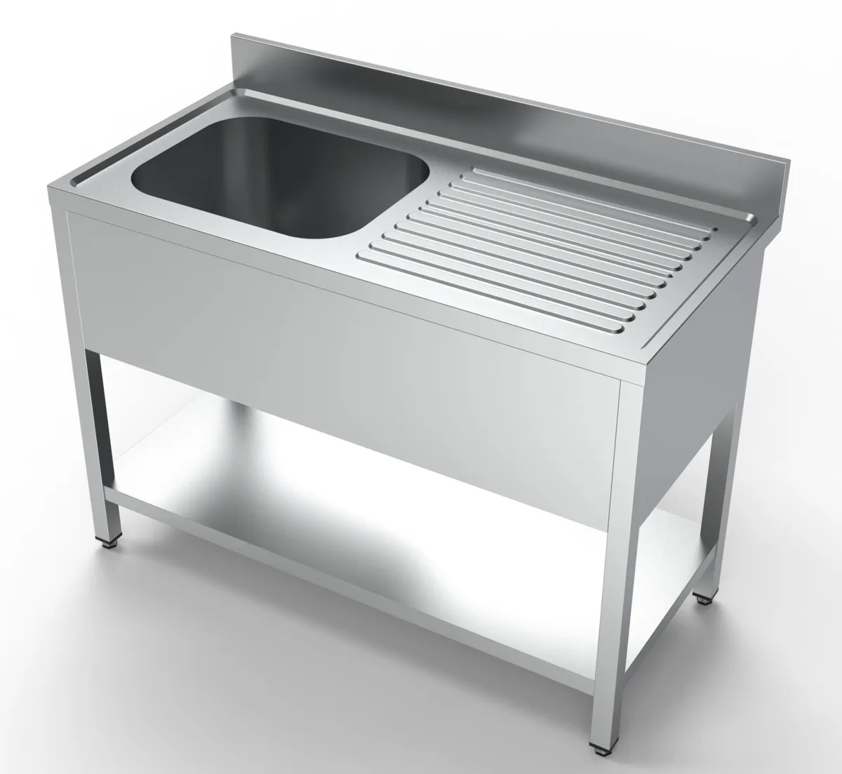 Spülbecken 1 Becken und Abtropffläche rechts mit Rückwand und Regal - L 1200 x T 600 mm