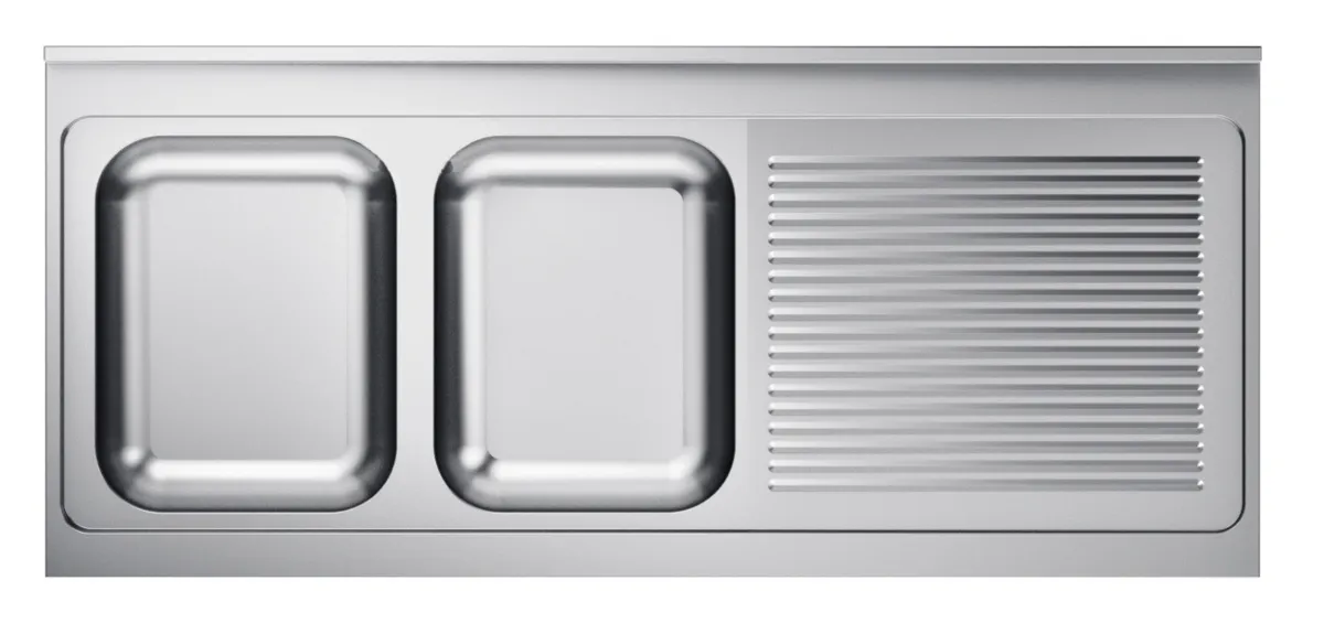 Spüle mit 2 Becken und Abtropffläche rechts mit Rückwand - L 2000 x T 600 mm