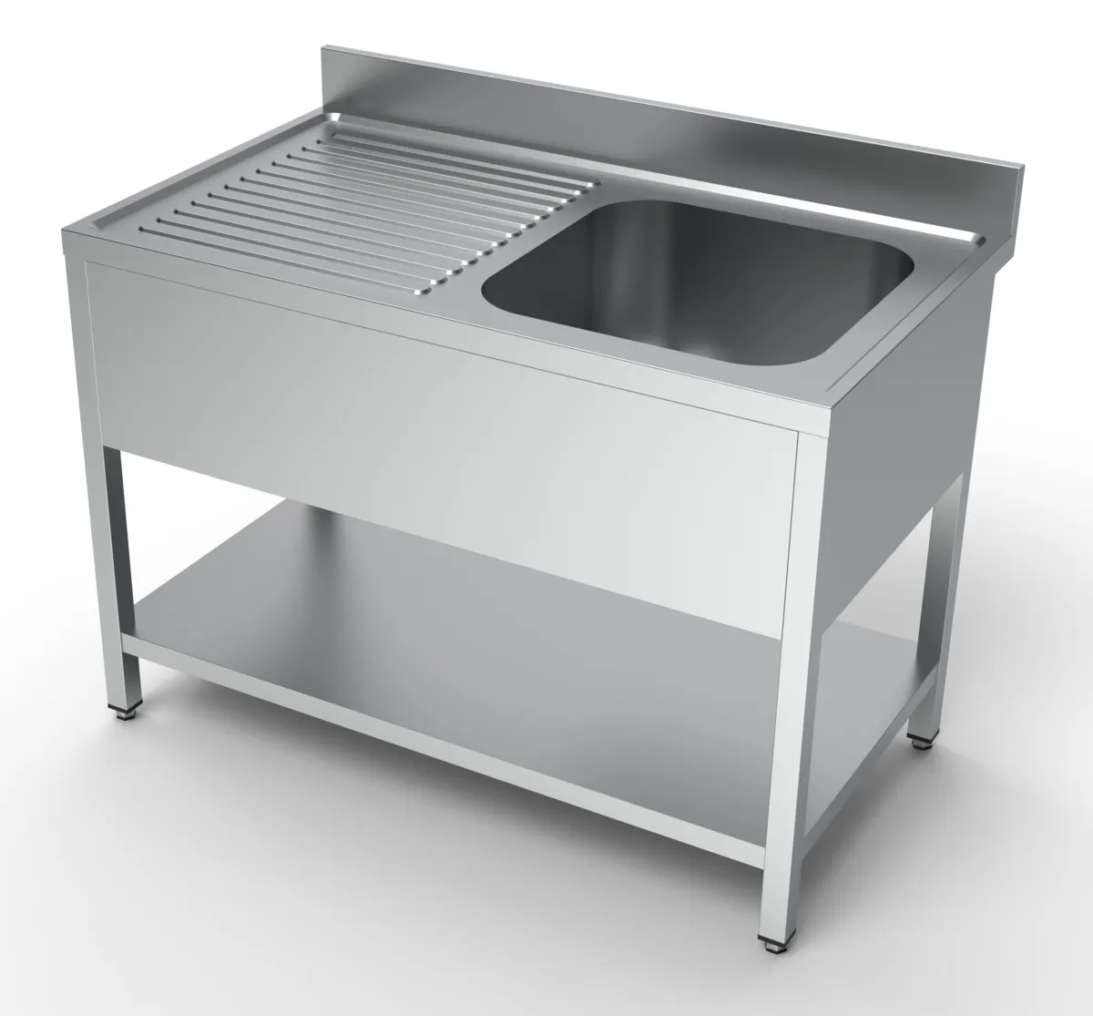 Spüle 1 Becken und Abtropffläche links mit Rückwand und Regal - L 1200 x T 700 mm