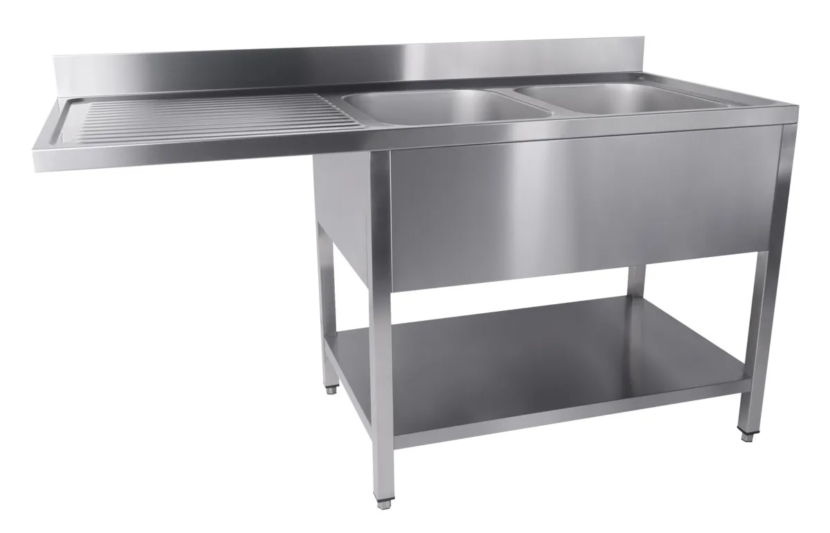 Tauchbecken 2 Becken und Durchgang für Geschirrspüler links mit Rückwand und abnehmbarem Regal - L 1600 x T 700 mm