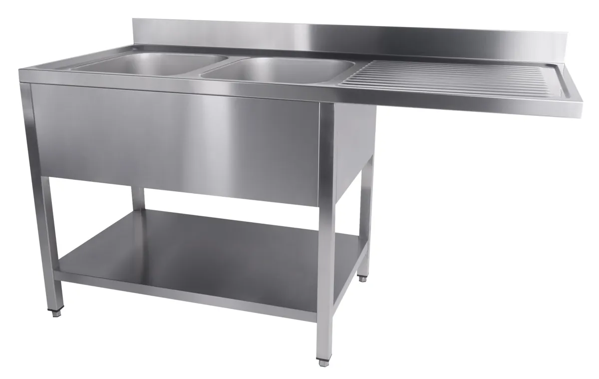 Tauchbecken 2 Becken und Durchgang für Geschirrspüler rechts mit Rückwand und abnehmbarem Regal - L 1600 x T 700 mm