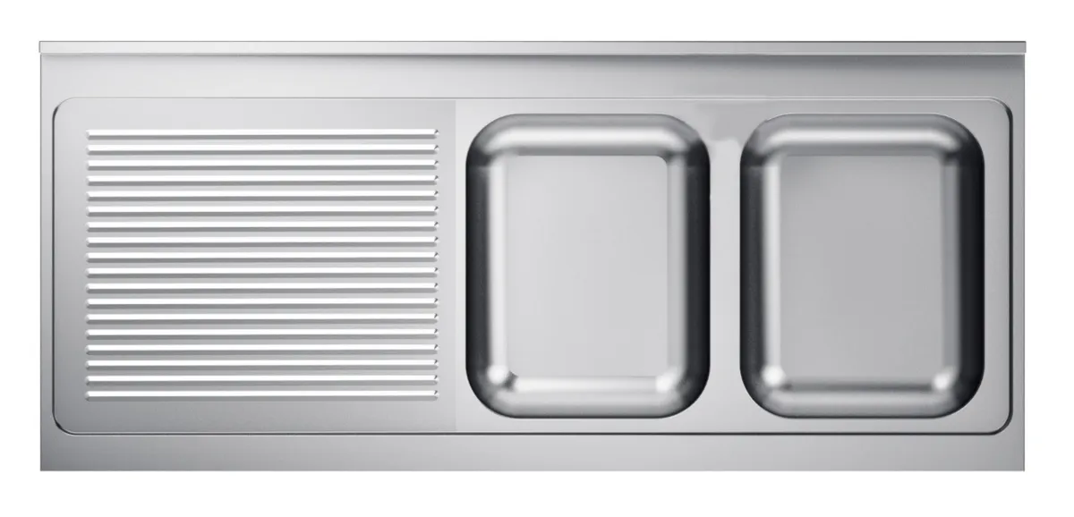 Spüle mit 2 Becken und Abtropffläche links mit Rückwand - L 1600 x T 700 mm