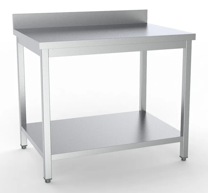 Edelstahltisch mit Aufkantung und Regal - L 1400 x T 700 mm