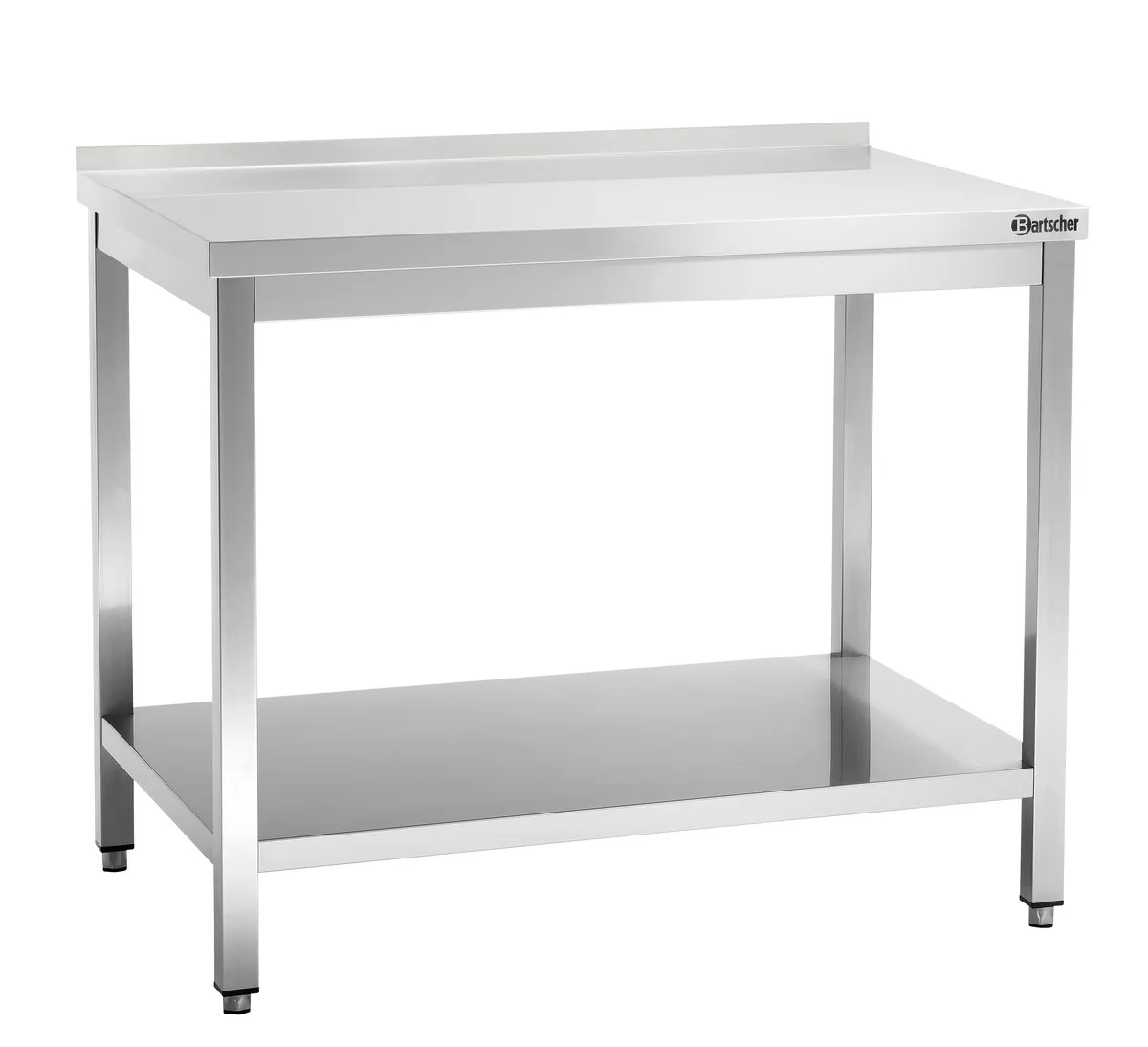 Edelstahl-Arbeitstisch mit unterem Regal und Aufkantung - T 700 mm - L 1000 mm