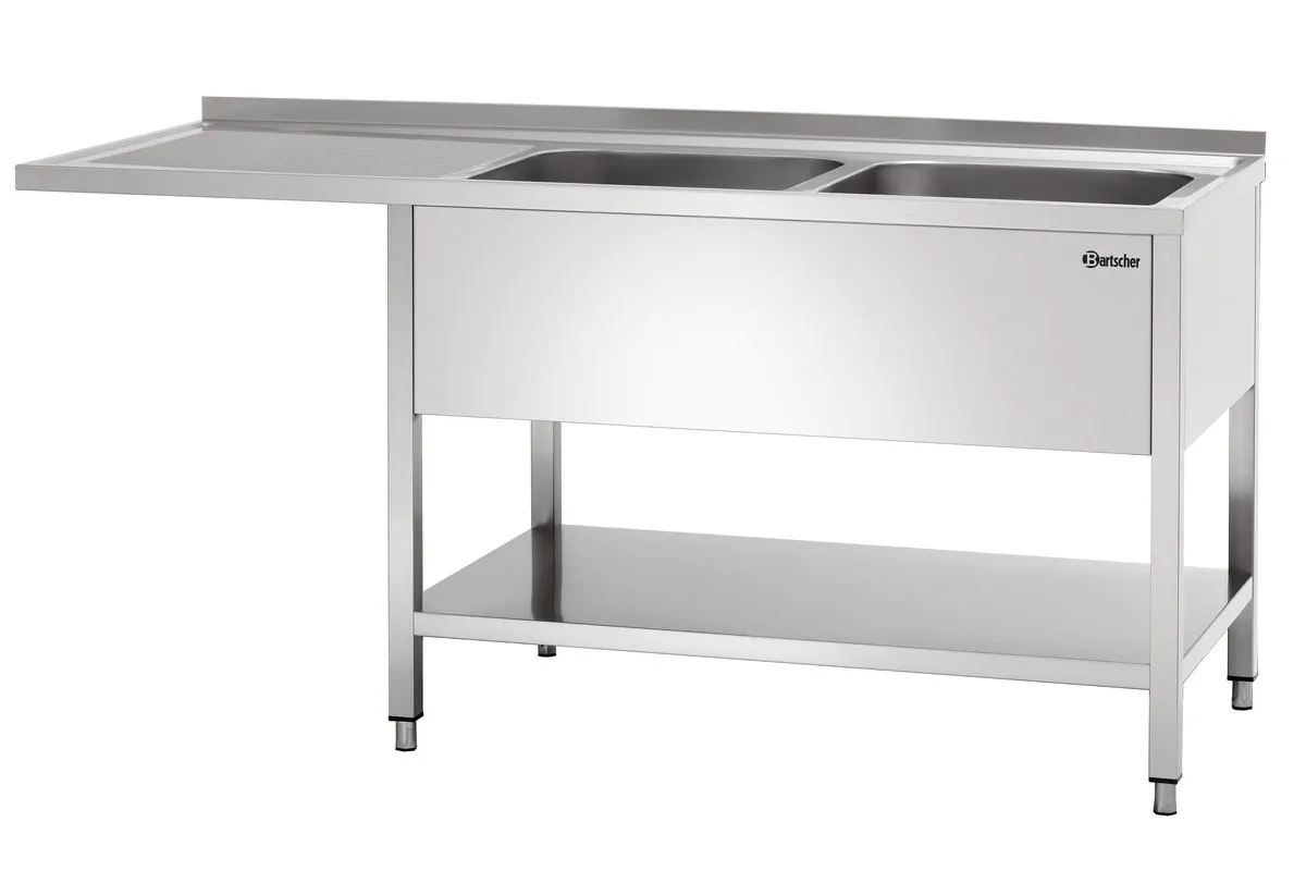 Tauchbecken 2 Becken mit Geschirrspülerdurchgang, Rückwand und Unterregal - L 1800 x T 700 mm