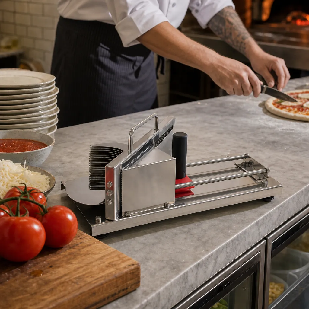 Manueller Profi-Tomatenteiler 4 mm, Edelstahl, ergonomischer Schieber, gleichmäßige Scheiben