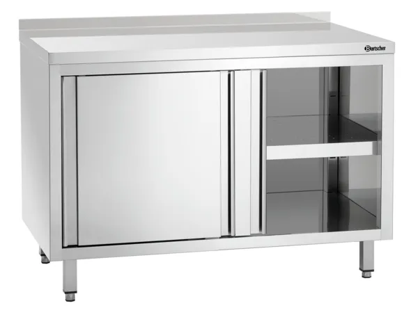 Möbel aus Edelstahl mit Schiebetüren, Regal und Rückwand - L 1200 mm