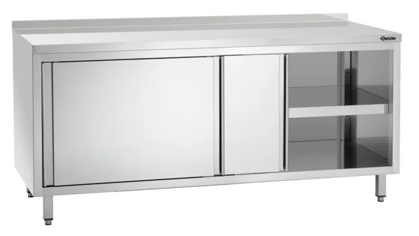 Möbel aus Edelstahl mit Schiebetüren, Regal und Rückwand - L 1800 mm