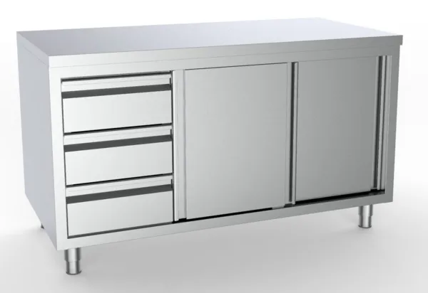 Edelstahl-Unterschrank - 2 Türen und 3 Schubladen links - L 1800 x T 700 mm