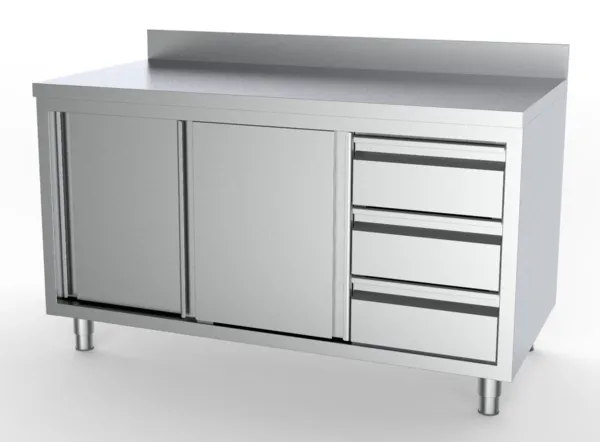 Edelstahl-Unterschrank mit Aufkantung - 2 Türen und 3 Schubladen rechts - L 1400 x T 700 mm