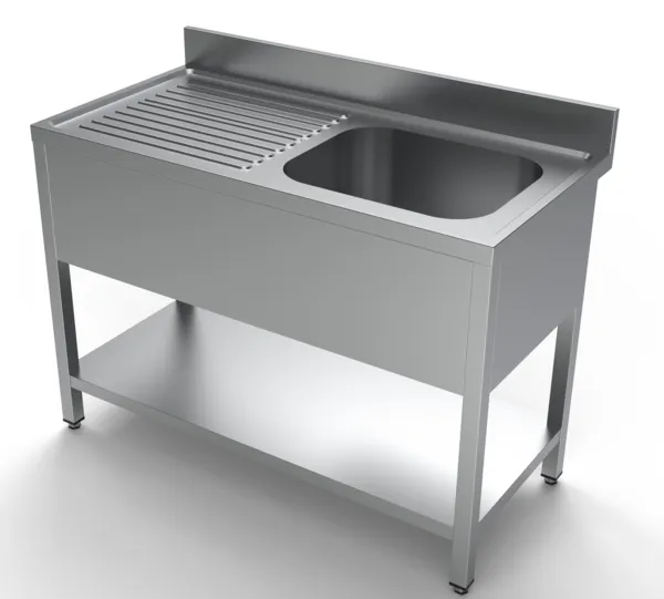 Spülbecken 1 Becken und Abtropffläche links mit Rückwand und Regal - L 1200 x T 600 mm