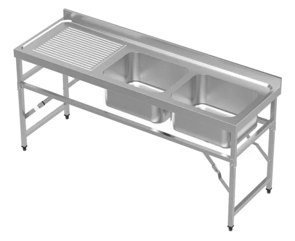 Klappbare Spüle mit 2 Becken und Abtropffläche links mit Rückwand - L 1800 x T 600 mm