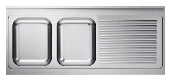 Spüle mit 2 Becken und Abtropffläche rechts mit Rückwand - L 2000 x T 600 mm