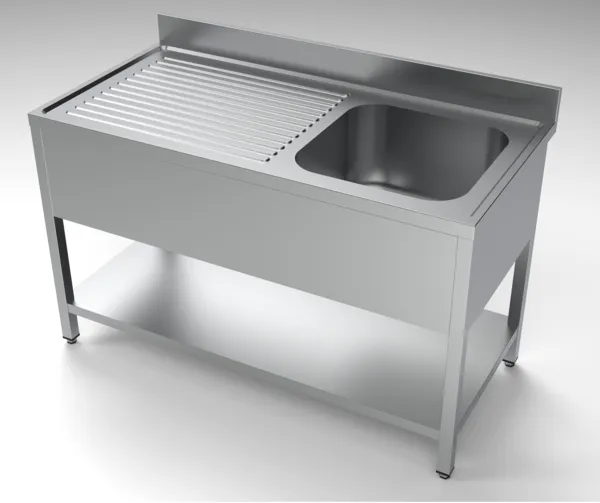 Spüle 1 Becken und Abtropffläche links mit Rückwand und Regal - L 1400 x T 700 mm