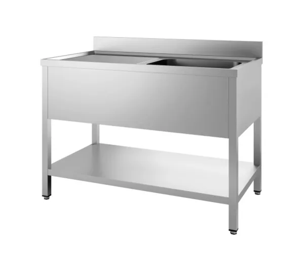 Spülbecken 1 Becken und Abtropffläche links mit Rückwand und abnehmbares Regal - L 1400 x T 700 mm